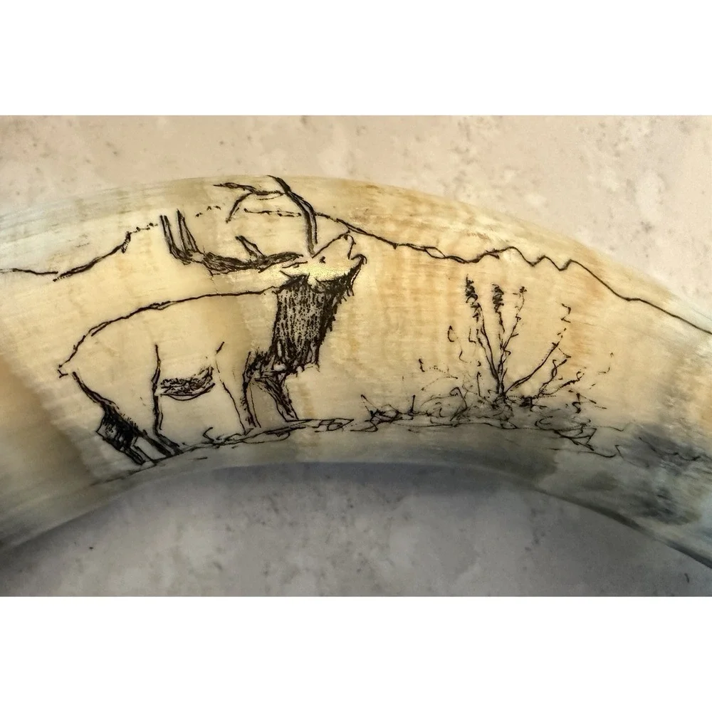 Handmade Powder‎ Horn w/ Scrimshaw Elk Scene Strap Western Decor/Reenactment.